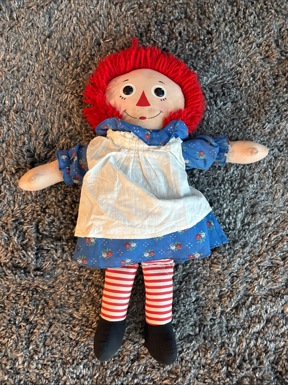 Raggedy-Style Red Hair Cloth Doll with Blue Floral Dress